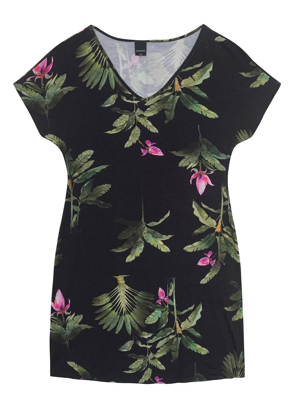 Malwee - Vestido Preto Evasê Tropical Curto