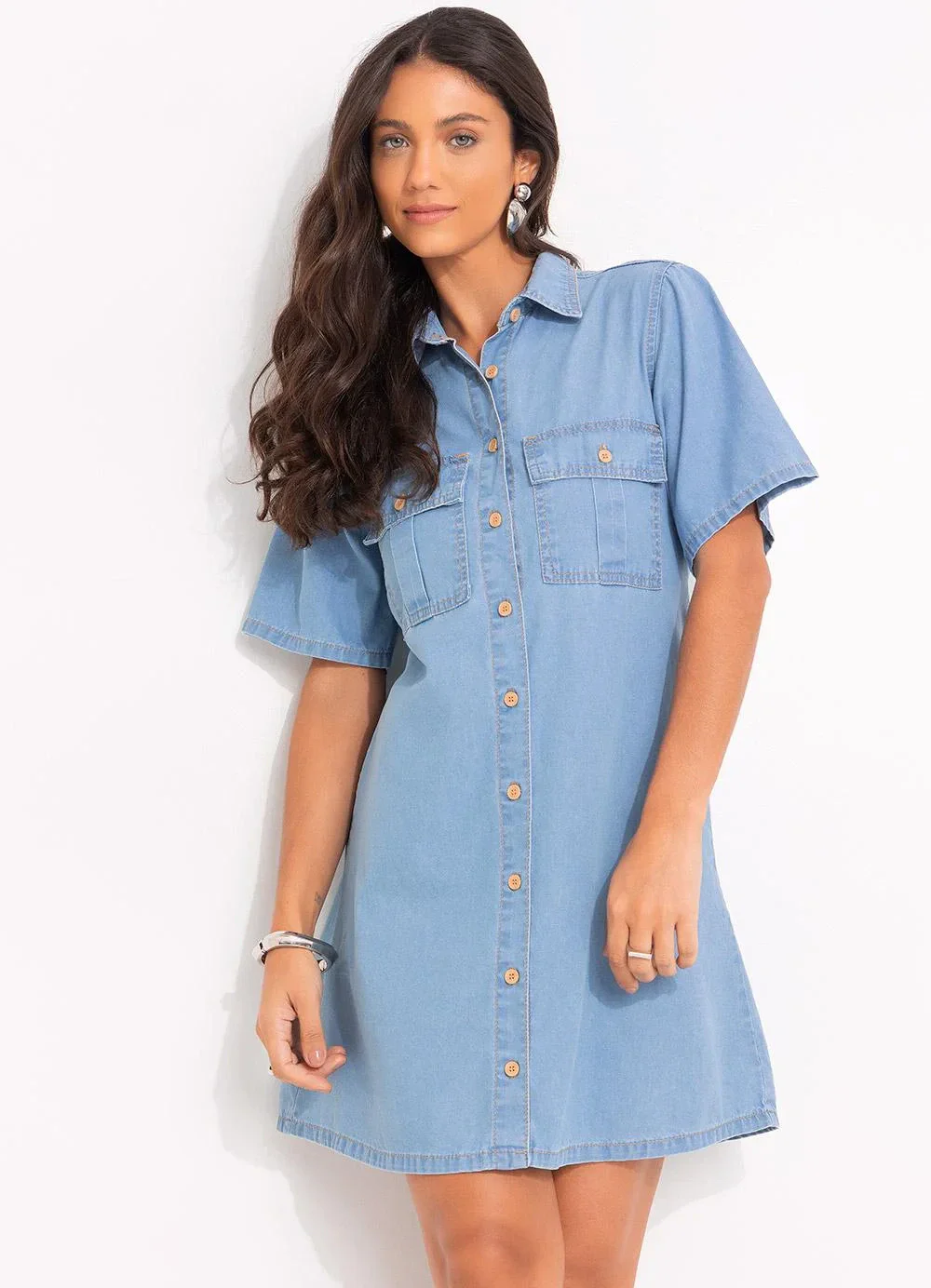 Quintess - Vestido Jeans Claro em Jeans Leve