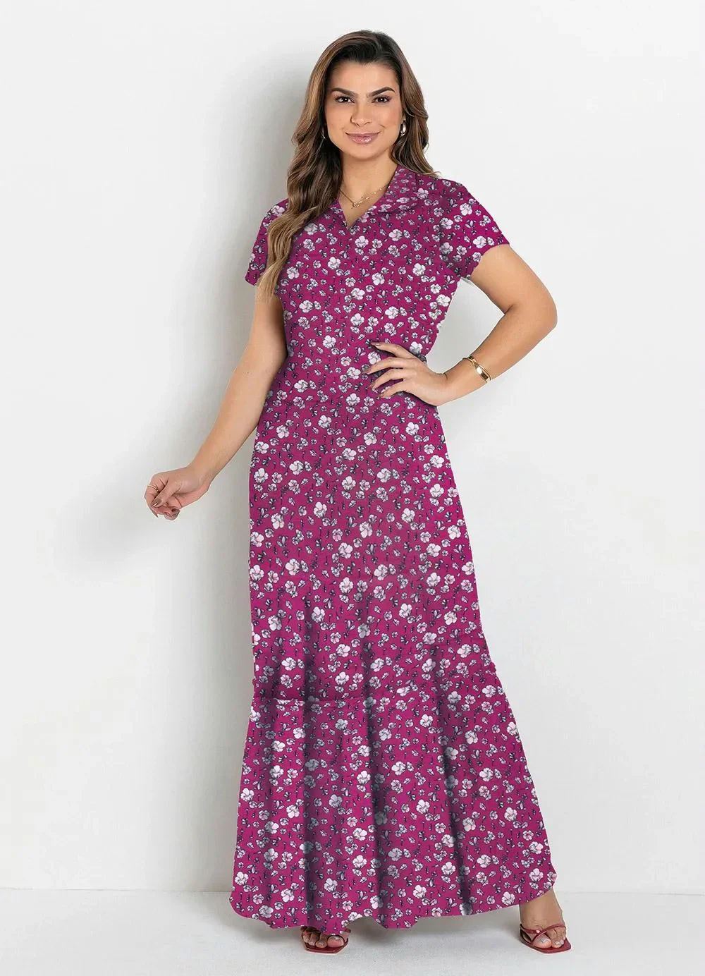 Rosalie - Vestido com Gola Floral Fúcsia