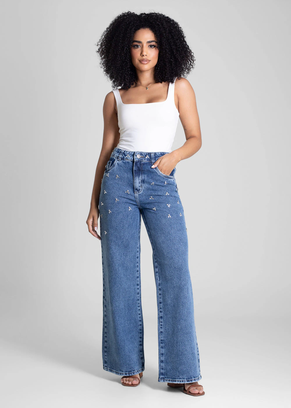 Calça Jeans Sawary Wide Leg Brilho Bordado - 283415 AZUL