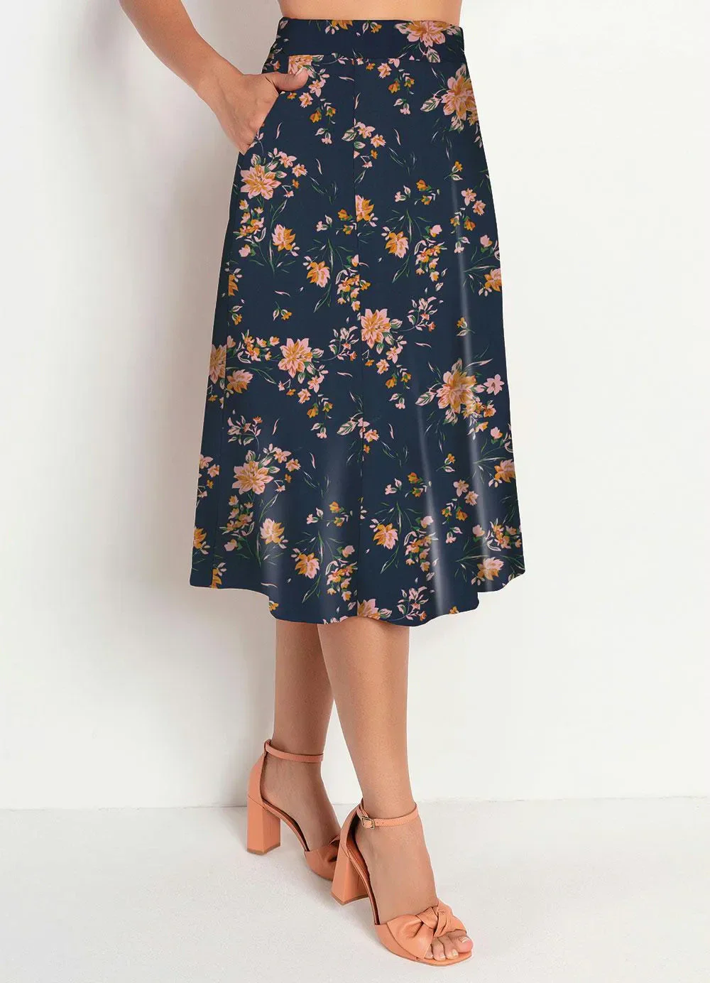Rosalie - Saia Floral Marinho com Bolsos