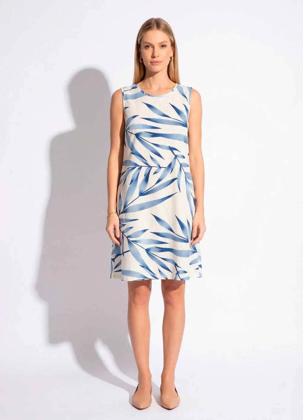 Quintess - Vestido Folhagem Azul com Bolsos