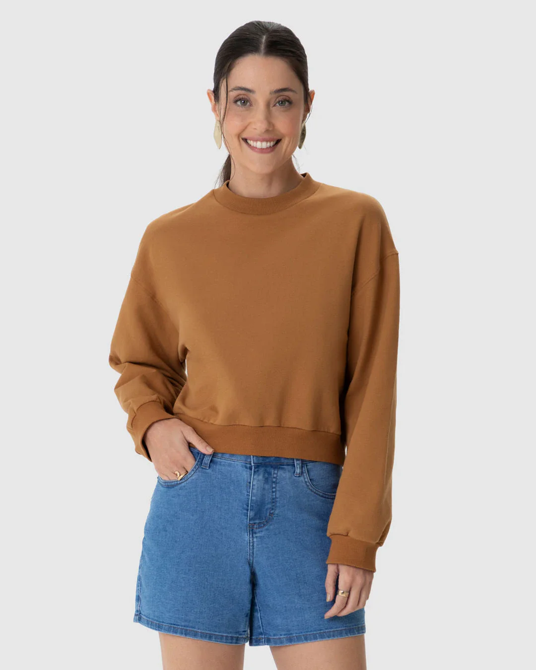 Blusão Básico Feminino Cropped Em Moletom Stretch Flanelado