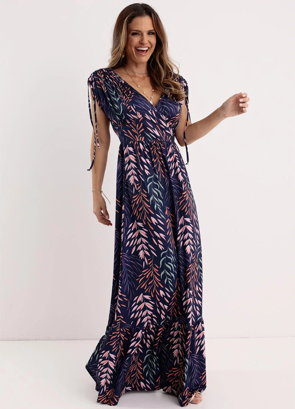 Quintess - Vestido Longo Folhas Marinho com Amarrações