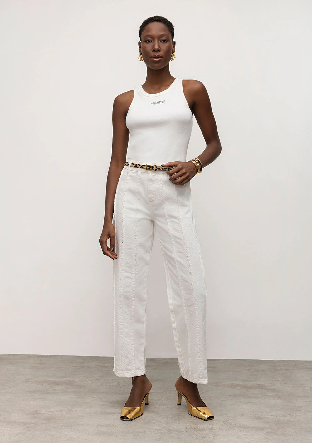 Calça Iódice Reta Cós Intermediário Com Recorte Off White