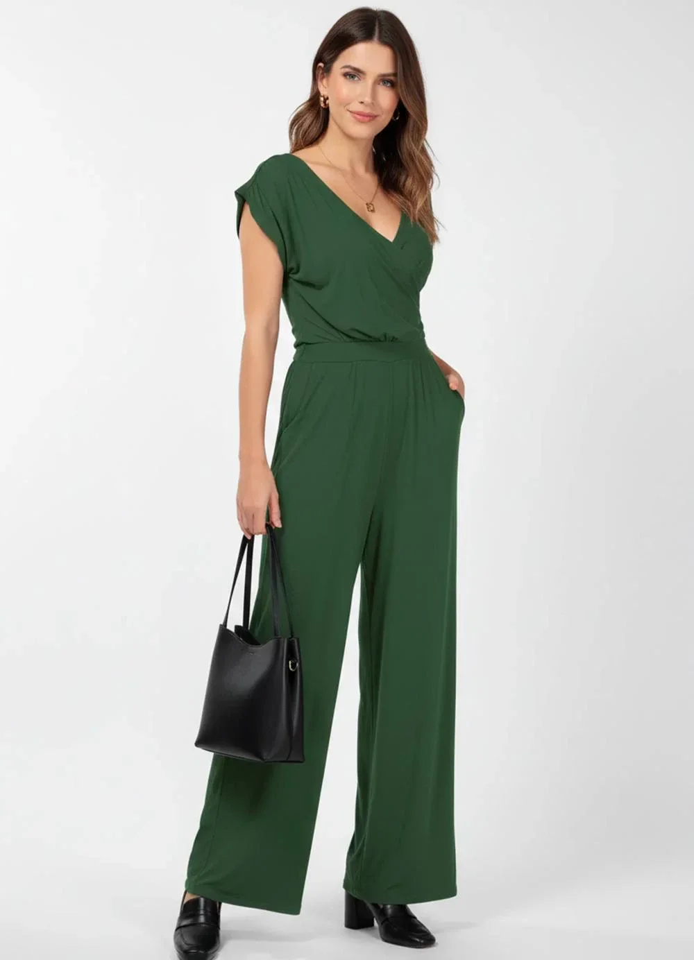 Quintess - Macacão Verde Longo com Bolsos e Faixa