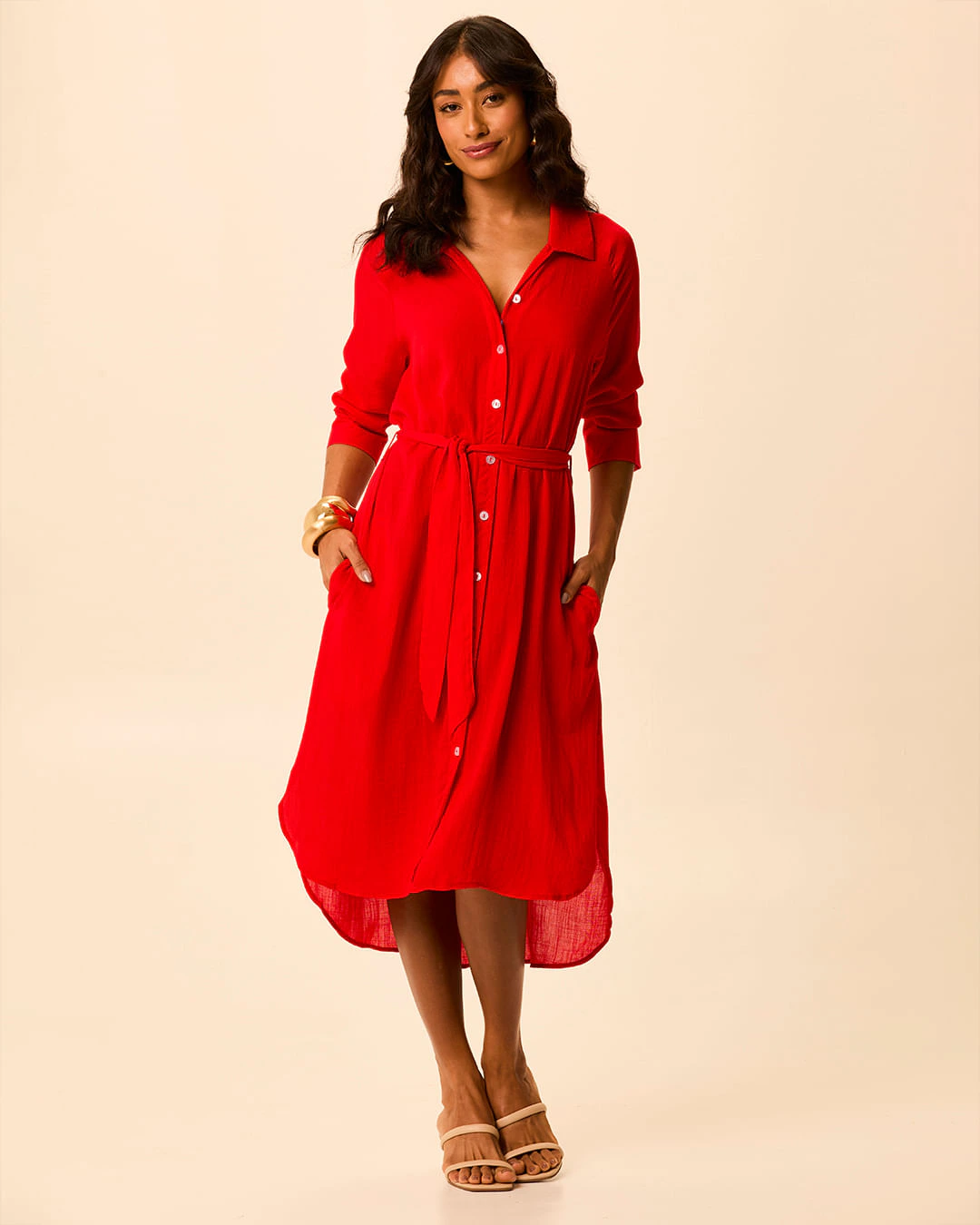 Vestido Midi Feminino Chemise Manga 7/8 E Cinto Em Viscose Texturizada