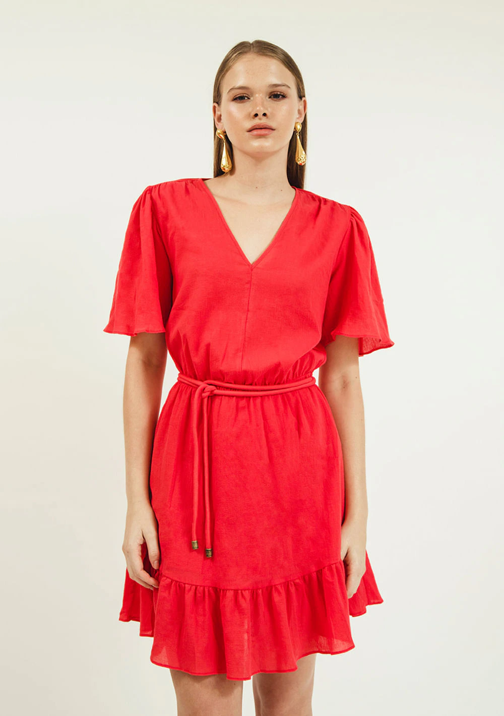 Vestido Zinco Curto Decote V Com Cinto Rosa