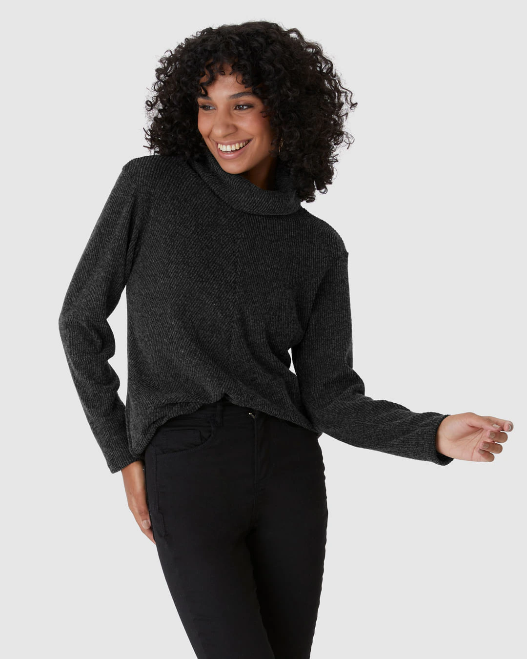 Blusa Ampla Feminina Gola Alta Em Tricô Rajado Flanelado