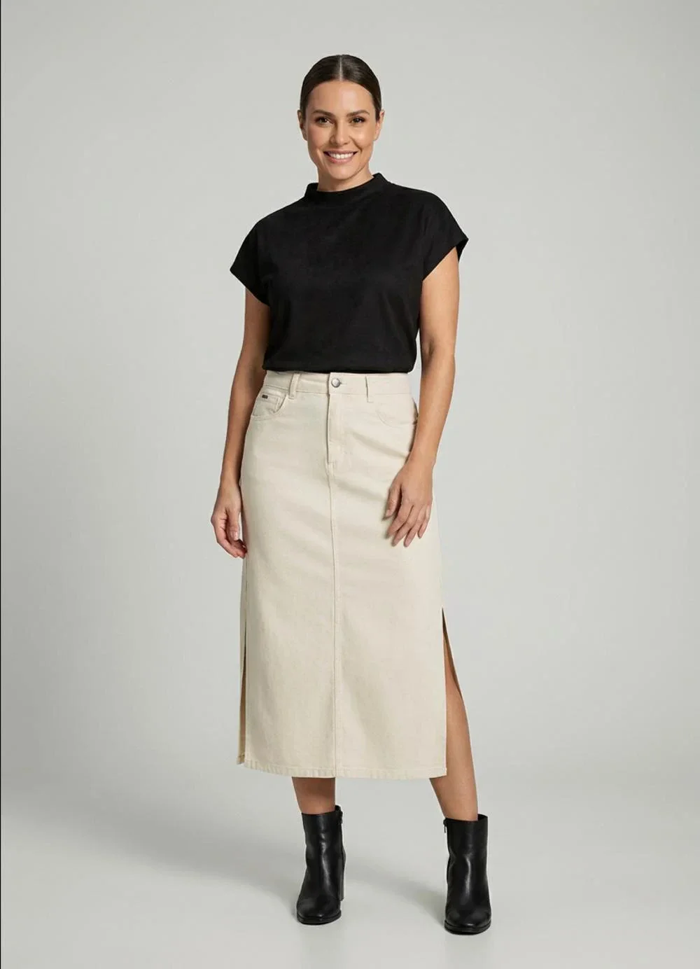 Marialícia - Saia Midi Feminina Jeans com Fendas Bege