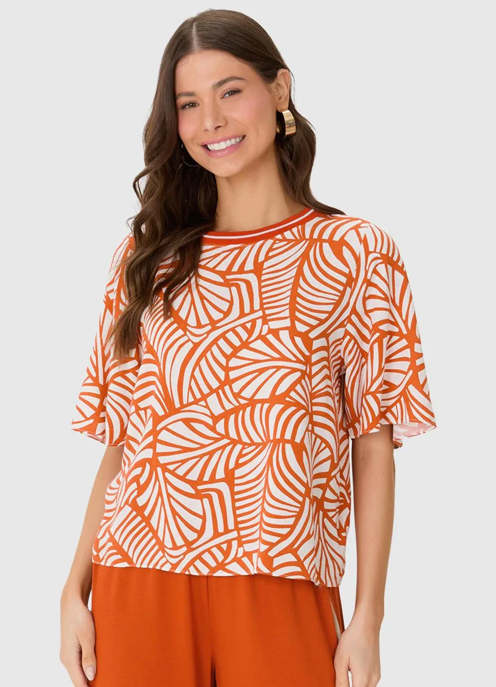 Malwee - Blusa Ampla Folhagem em Viscolinho Laranja