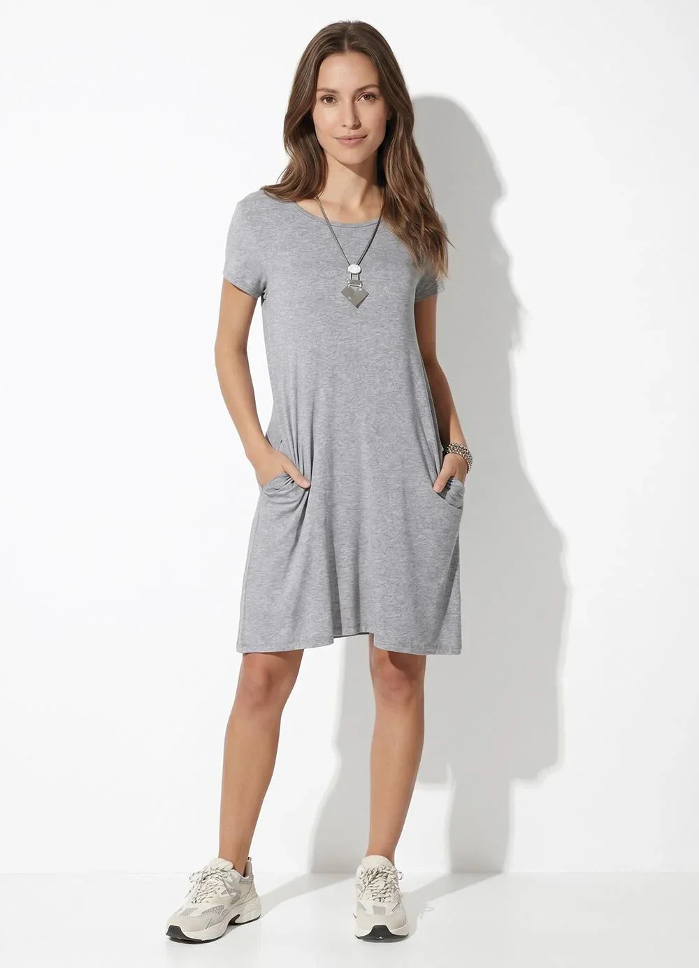 Quintess - Vestido Mescla com Bolsos e Mangas Curtas