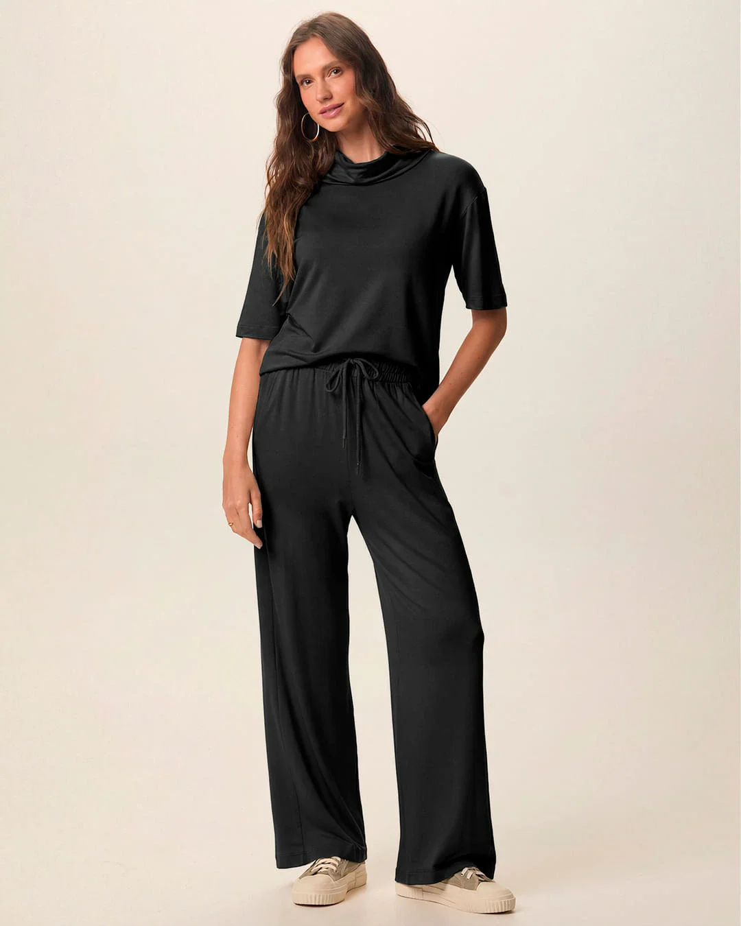 Conjunto Feminino Blusa Gola Alta E Calça Bolso Faca Em Moletinho De Viscose