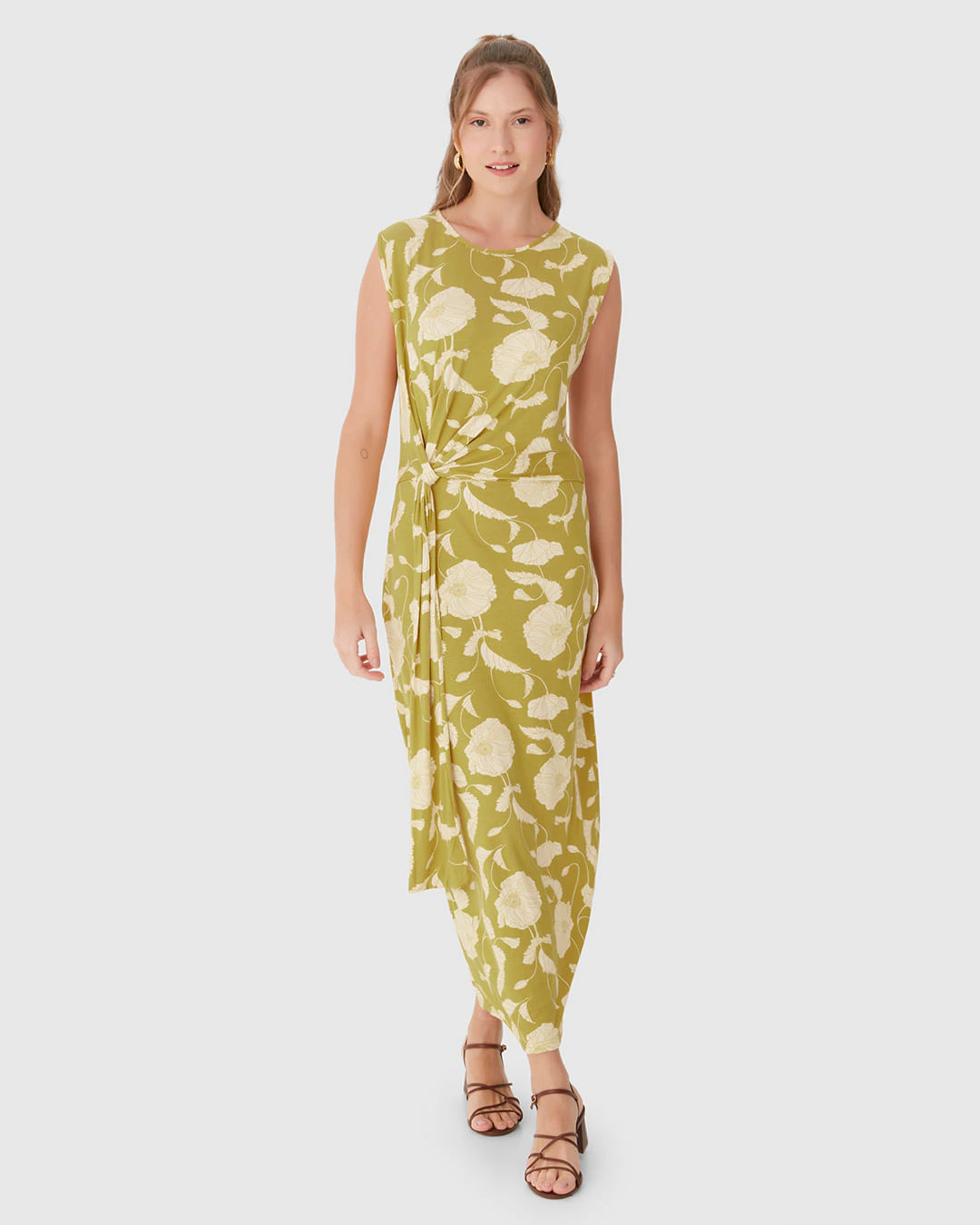 Vestido Midi Feminino Estampado Faixa E Nó Frontal Em Malha Viscolinho Stretch