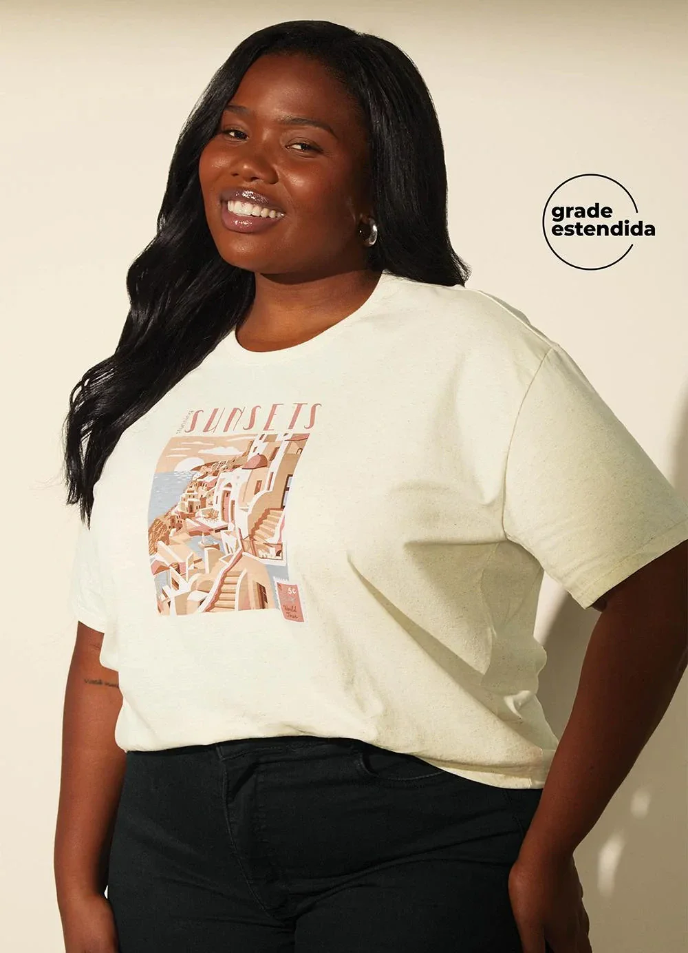 Marialícia - T-Shirt Feminina Eco Linho Estampada Bege