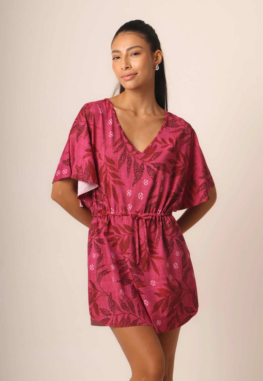 Vestido Fluxy Amplo Com Amarração - Nature Print Pink