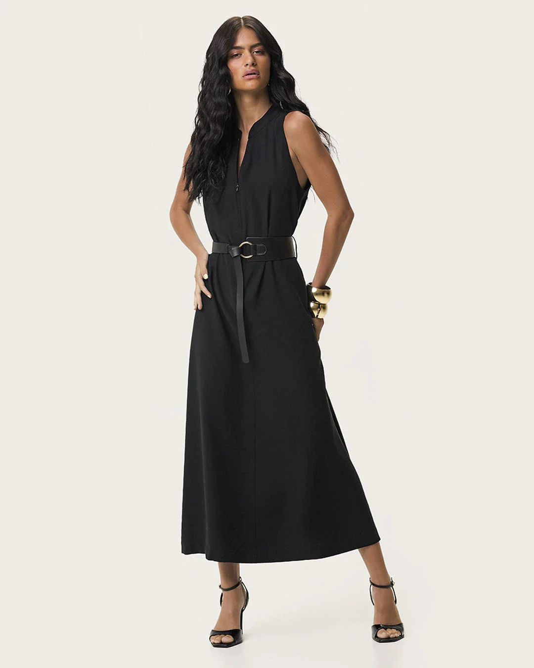 Vestido Midi Feminino Abertura Zíper Acompanha Cinto Viscose Sarjada - ENFIM