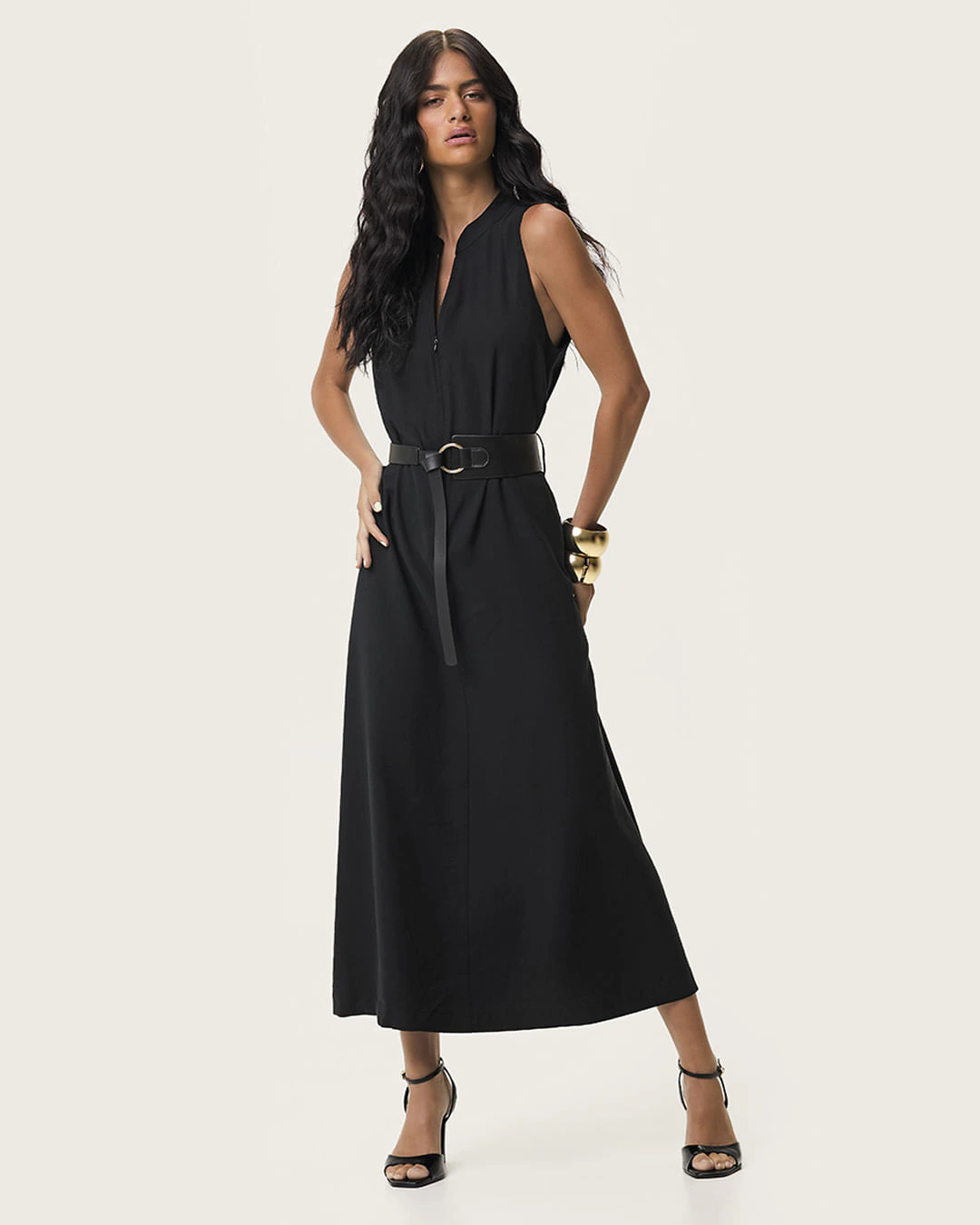 Vestido Midi Feminino Abertura Zíper Acompanha Cinto Viscose Sarjada - ENFIM