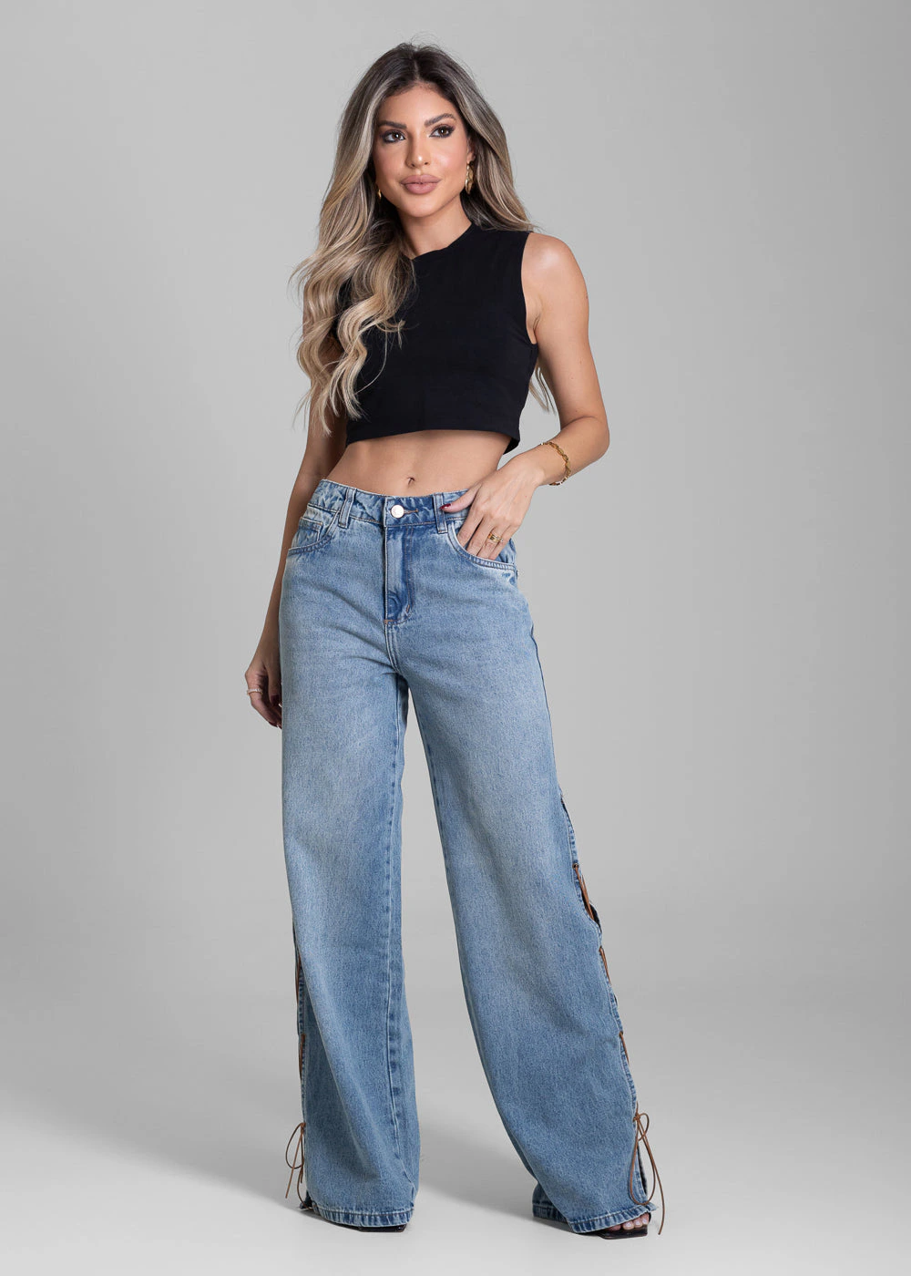 Calça Jeans Sawary Wide Leg Fenda Lateral - 283136 AZUL