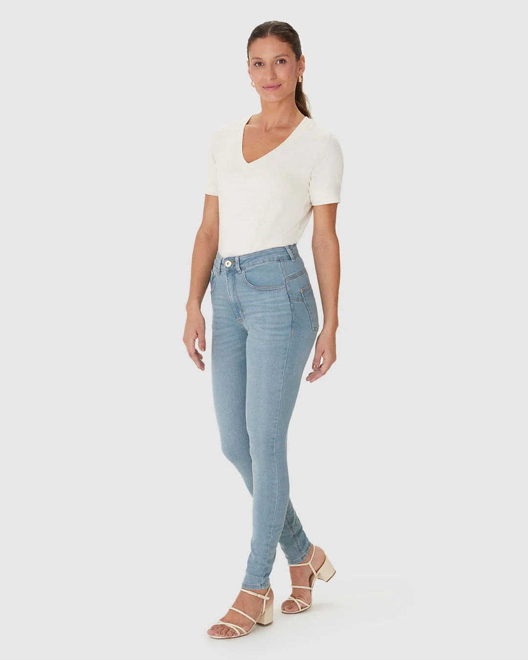Calça Skinny Feminina Push Up Cintura Alta Em Jeans Com Elastano