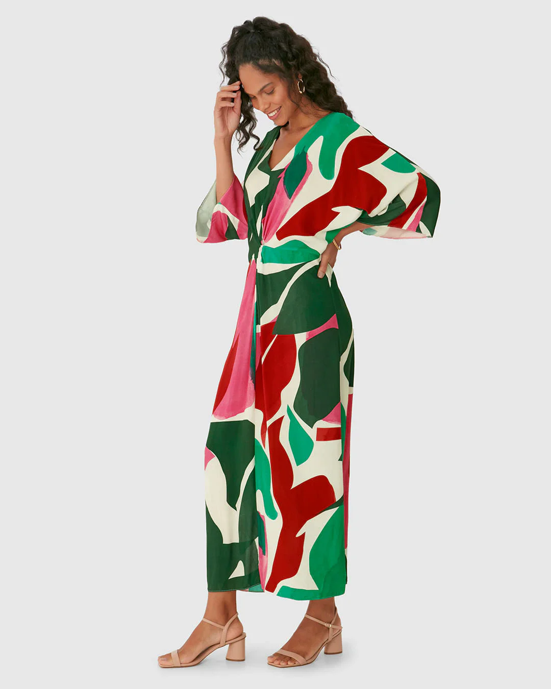 Vestido Midi Feminino Estampado Decote V Torção Frontal Em Viscose