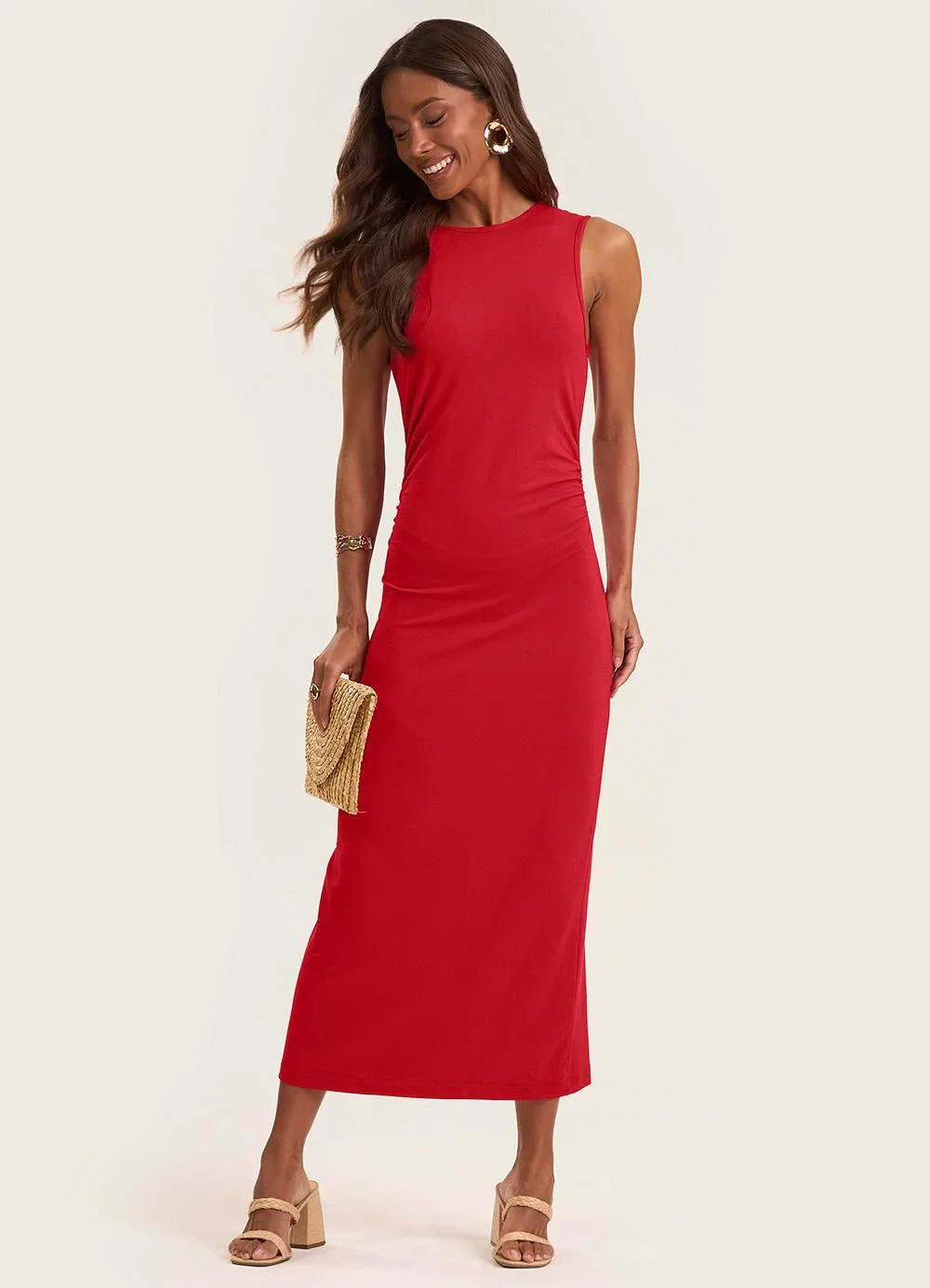 Rovitex - Vestido Midi em Molecotton de Viscose Vermelho