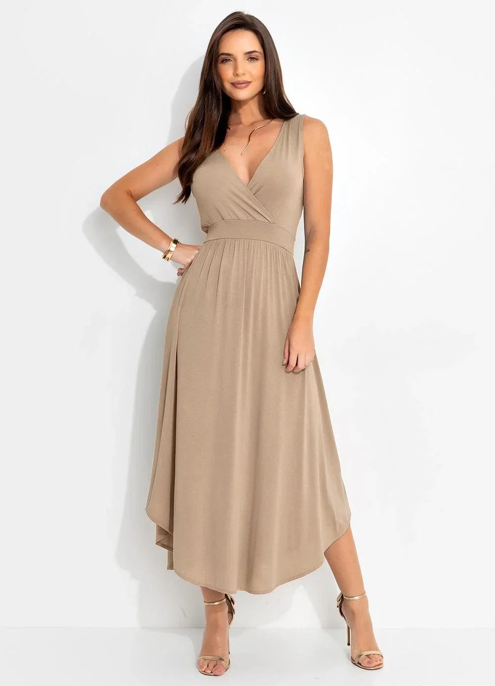 Quintess - Vestido Bege em Malha de Viscose
