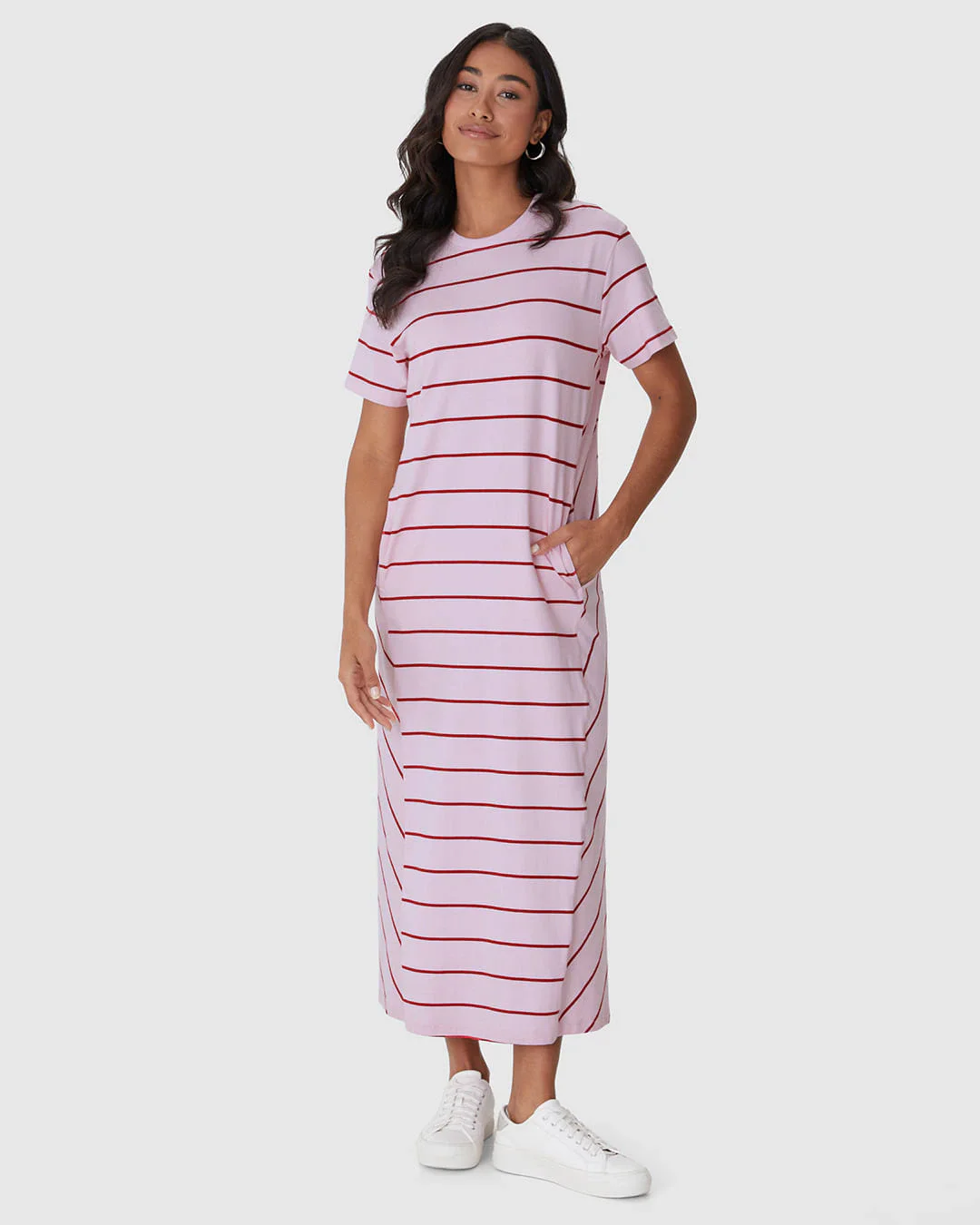Vestido Midi Feminino Listrado Bolso Funcional Em Malha Algodão