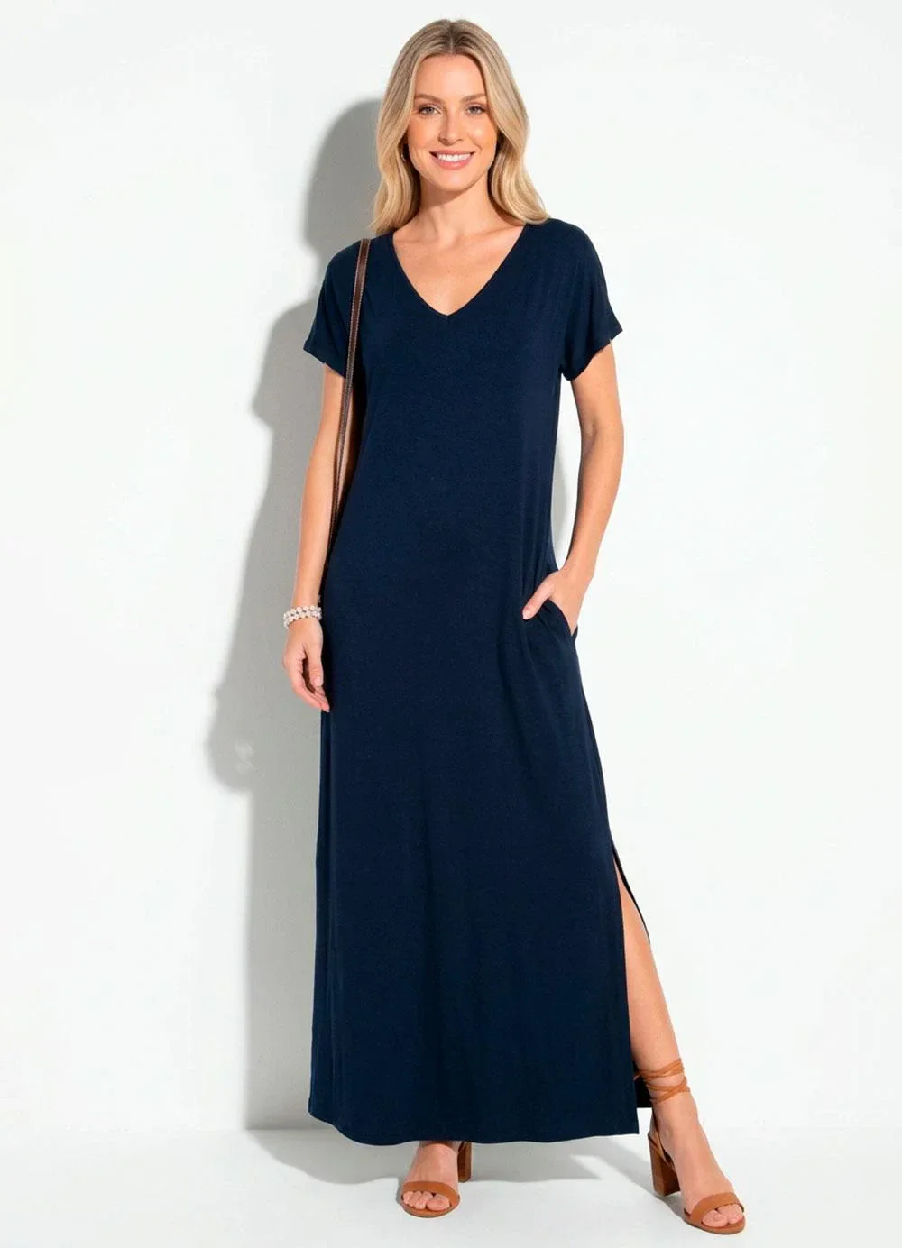 Quintess - Vestido Longo Soltinho com Fenda Azul