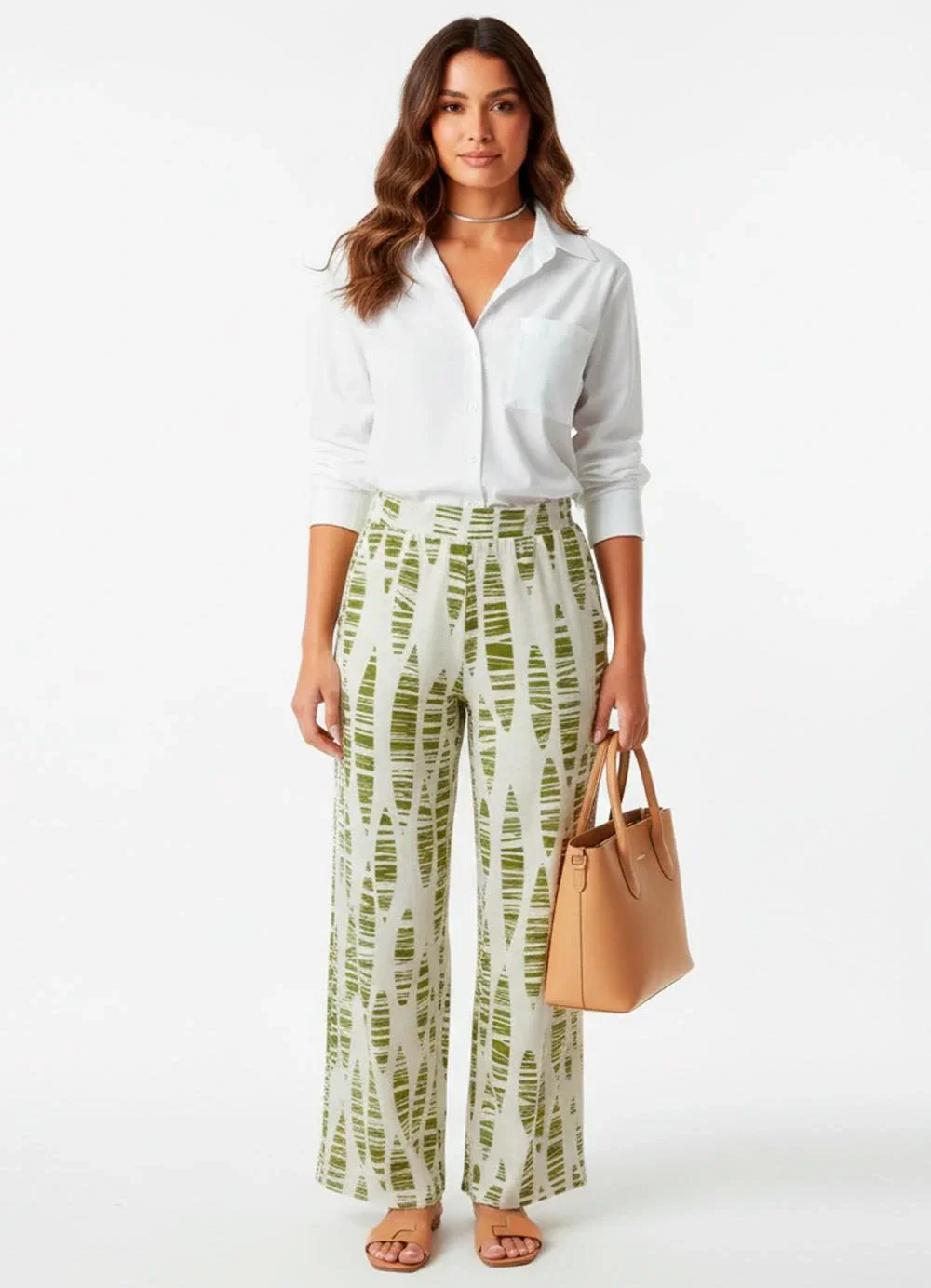 Quintess - Calça Folhas Listradas em Malha de Viscose