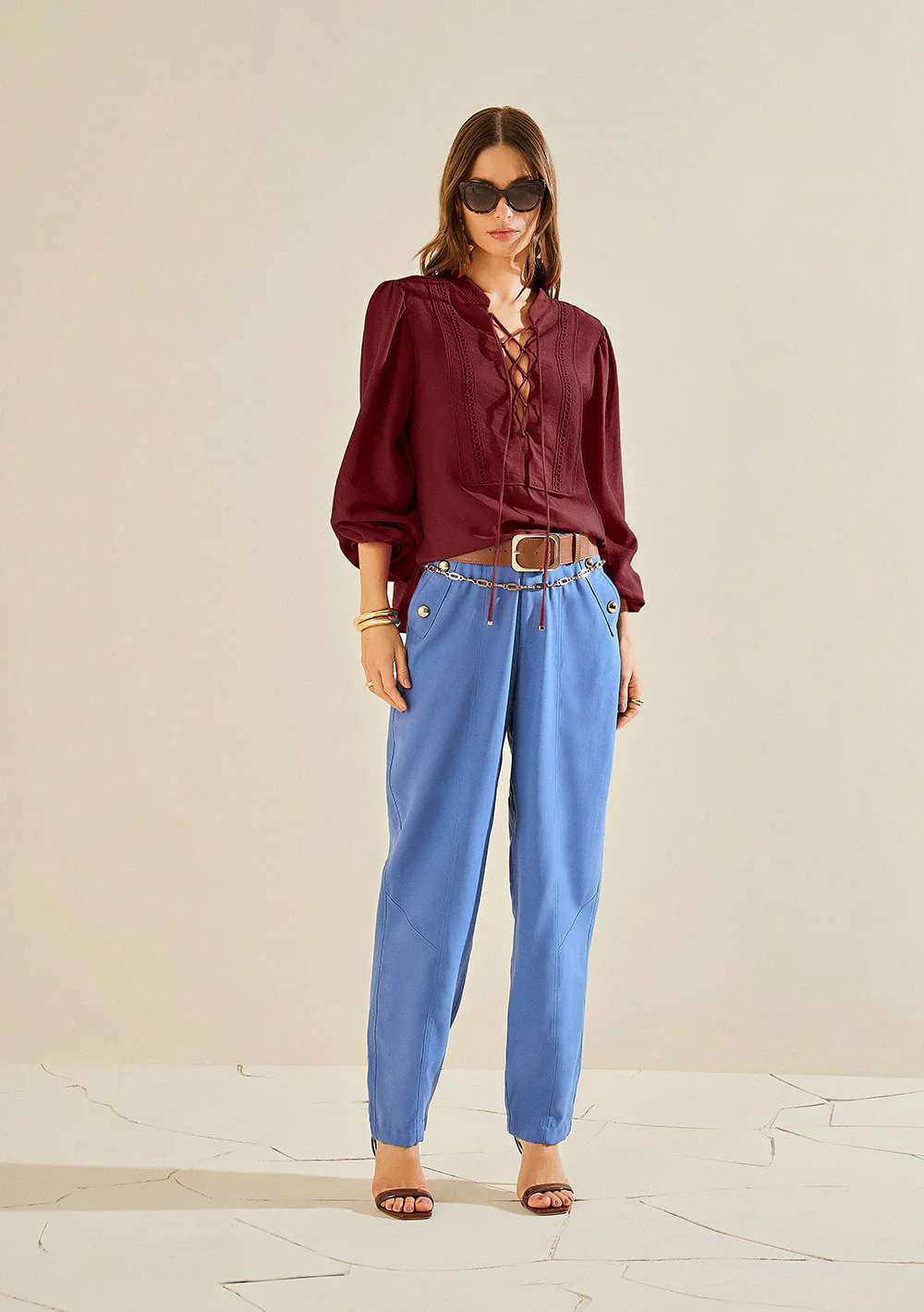 Calça Morena Rosa Cenoura Alta Azul