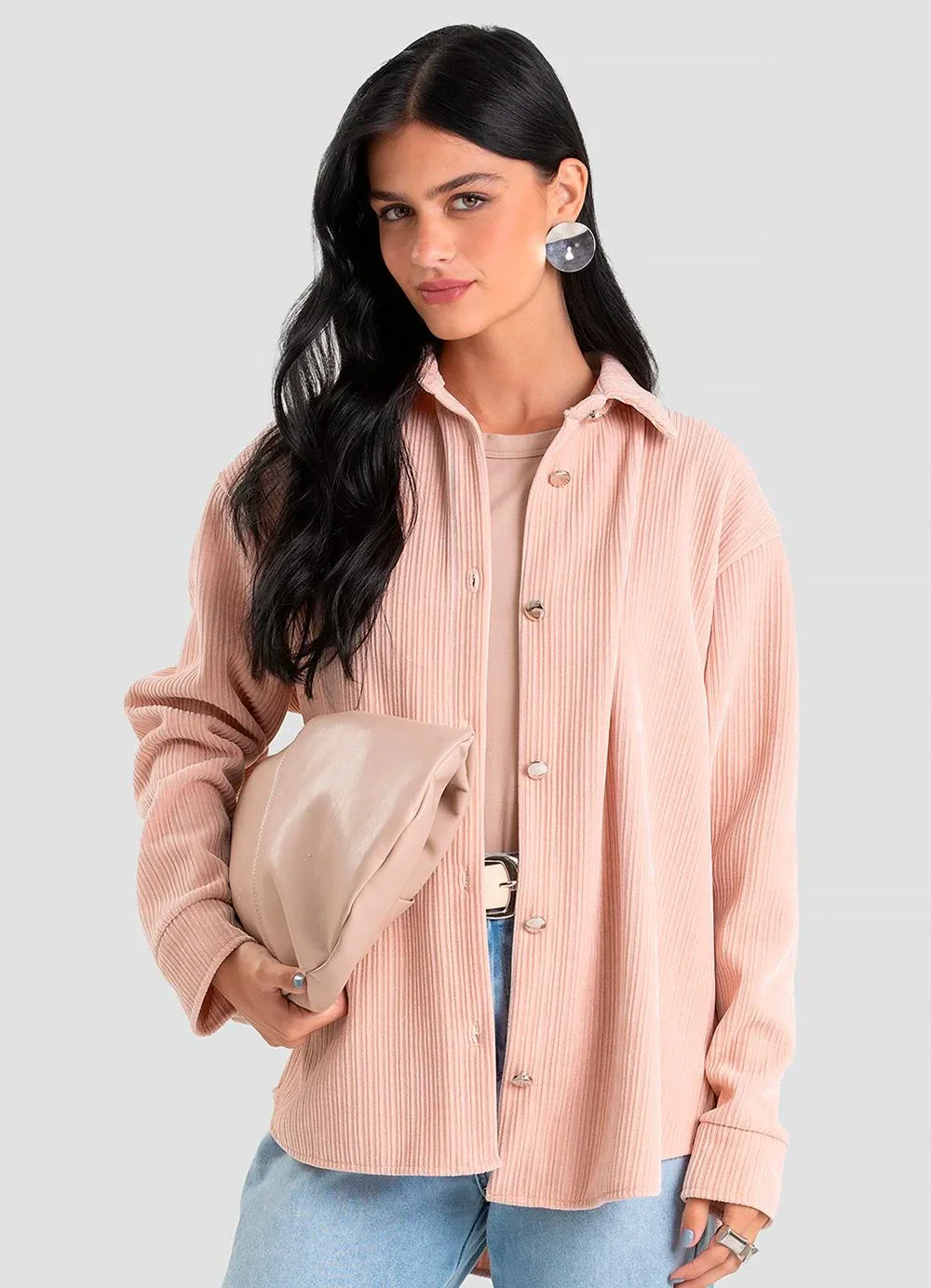 Dianna - Camisa Feminina Manga Longa em Veludo Rosa