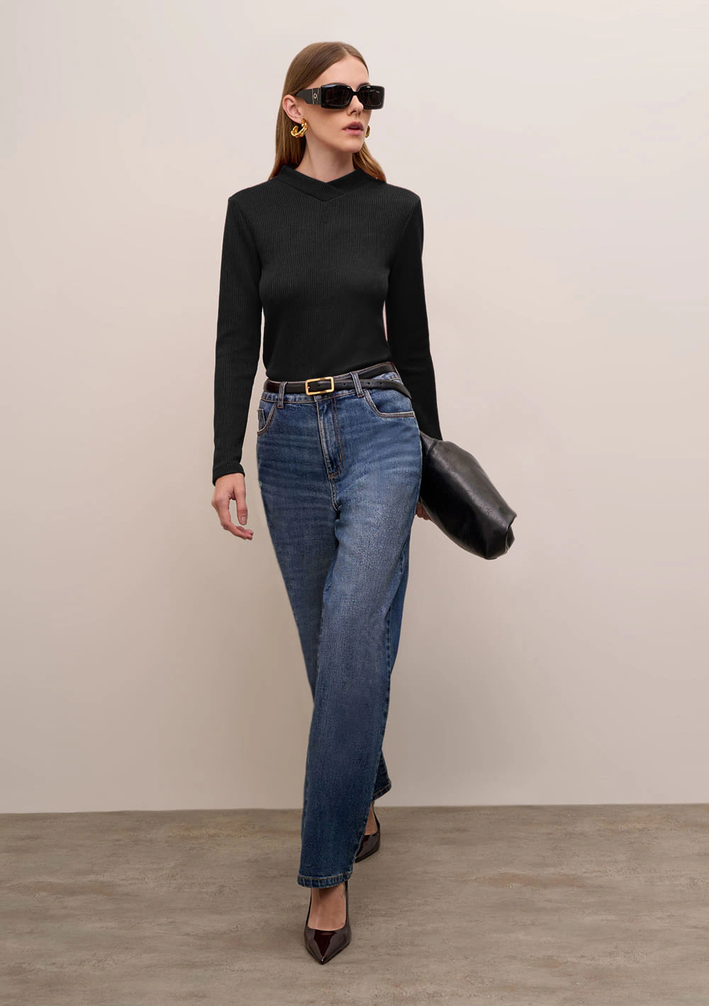 Blusa Iódice Ajustada Gola Alta Manga Longa Padrão Preto