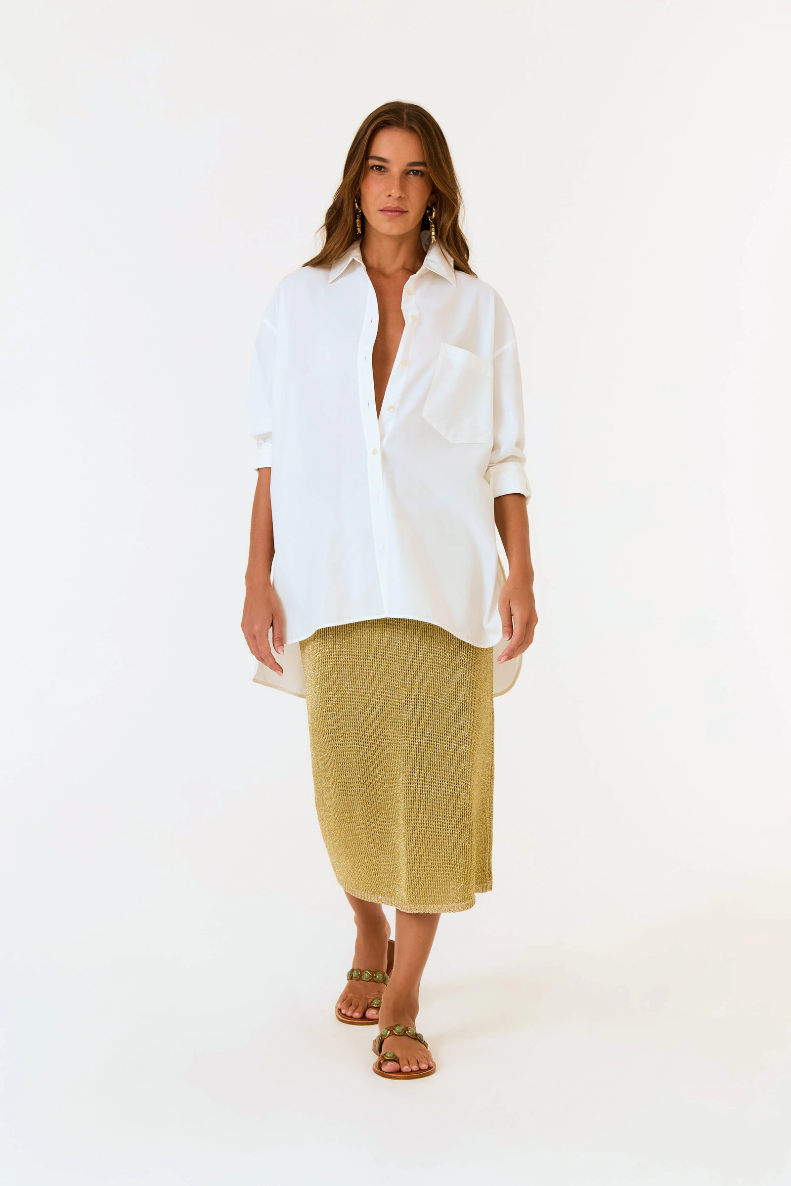 Saia Midi Tricot Lurex Detalhe Cós