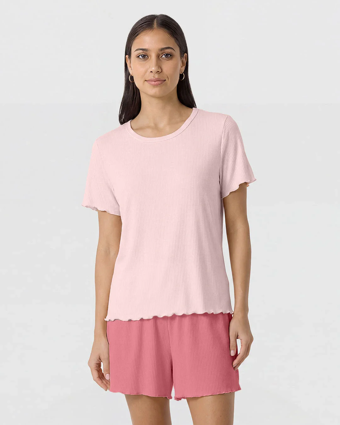 Pijama Curto Feminino Costura Filete Gola Em Malha De Viscose Canelada