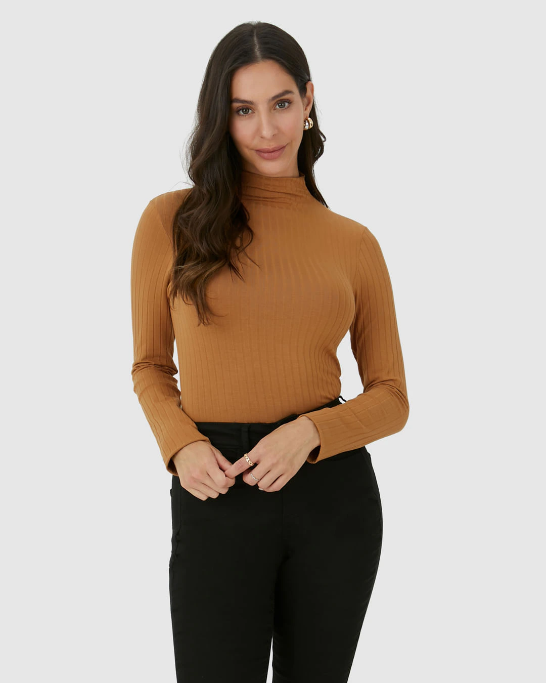 Blusa Básica Feminina Gola Alta Em Malha Canelada De Viscose
