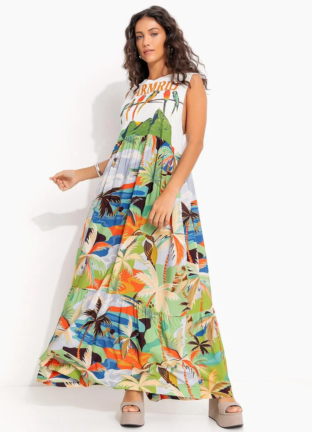 Farm - Vestido Cropped Regata Araras Galho Off White
