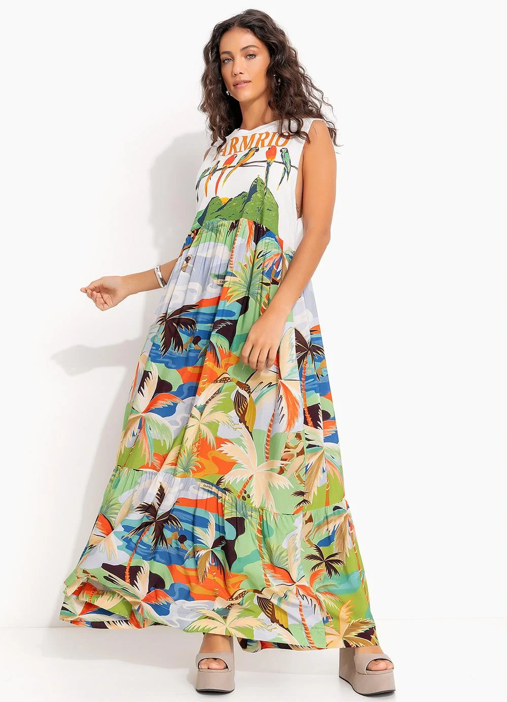 Farm - Vestido Cropped Regata Araras Galho Off White