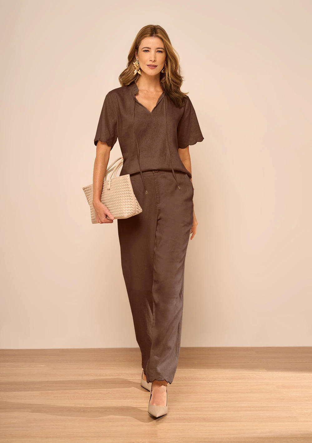Calca Linho Reta Verbena Marrom