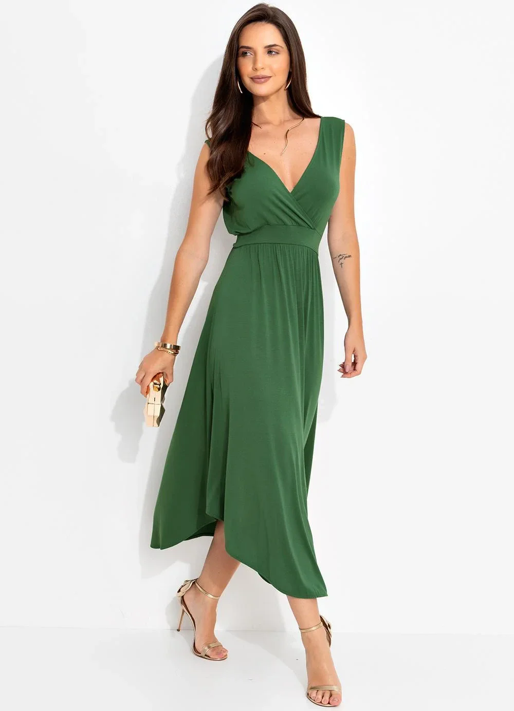 Quintess - Vestido Verde Oliva em Malha de Viscose