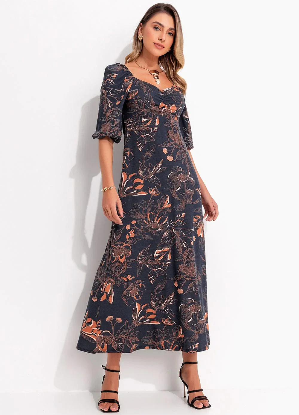 Quintess - Vestido Floral Artístico em Malha de Viscose