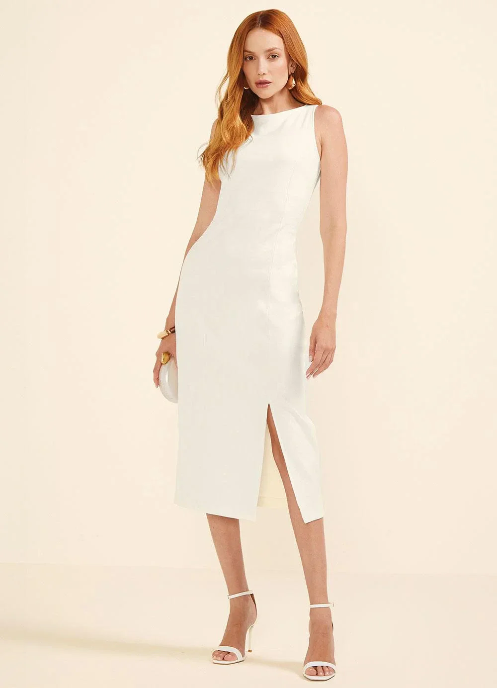 Marialícia - Vestido Midi Fenda Feminino Bege