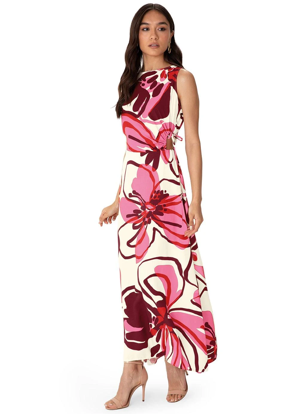 Enfim - Vestido Mídi Evasê Abstrato com Amarração Rosa