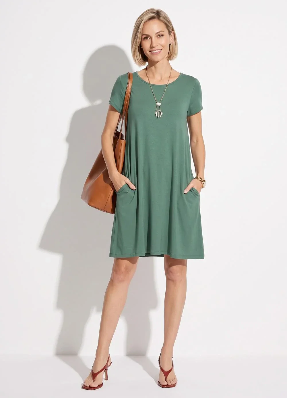 Quintess - Vestido Verde com Bolsos e Mangas Curtas