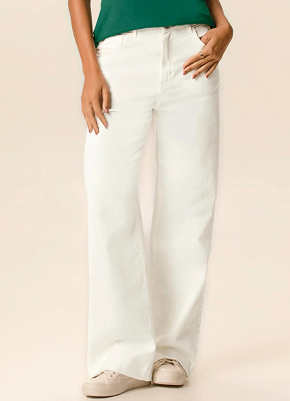 Malwee - Calça Wide Leg em Sarja Off White