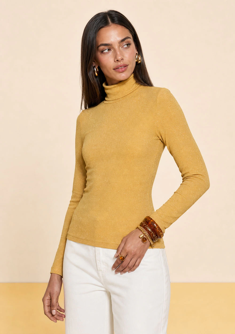 Blusa Zinco Ajustada Gola Alta Manga Longa Padrão Amarelo