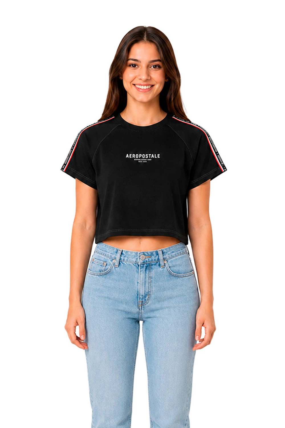 Camiseta Cropped Manga Curta Feminina Silkada Aéropostale PRETO