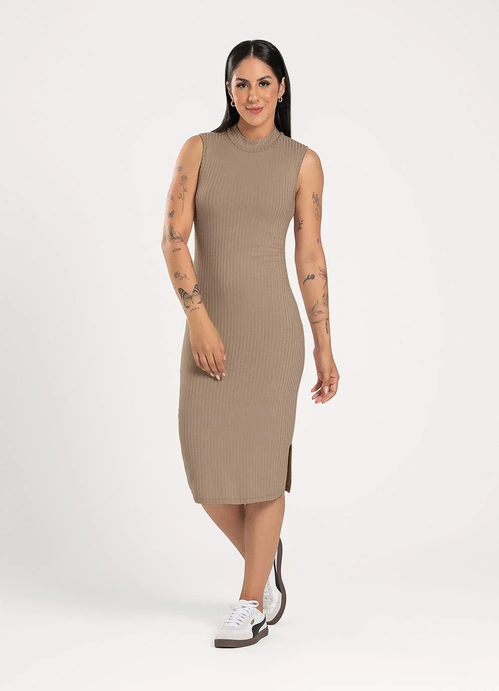 Cativa - Vestido Midi em Canelado Marrom Claro