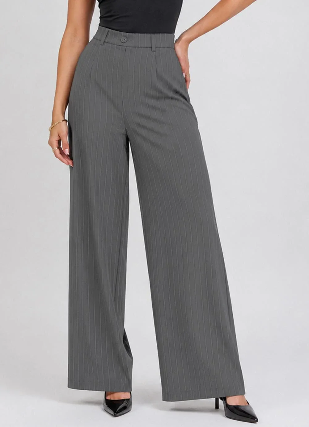 Rovitex - Calça Feminina Risca de Giz Alfaiataria Cinza