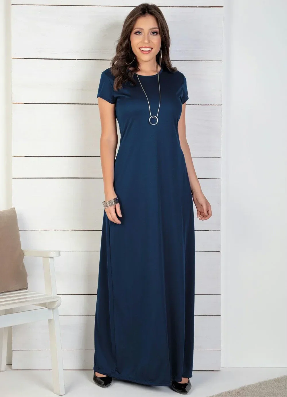 Moda Pop - Vestido Longo Marinho com Manga Curta